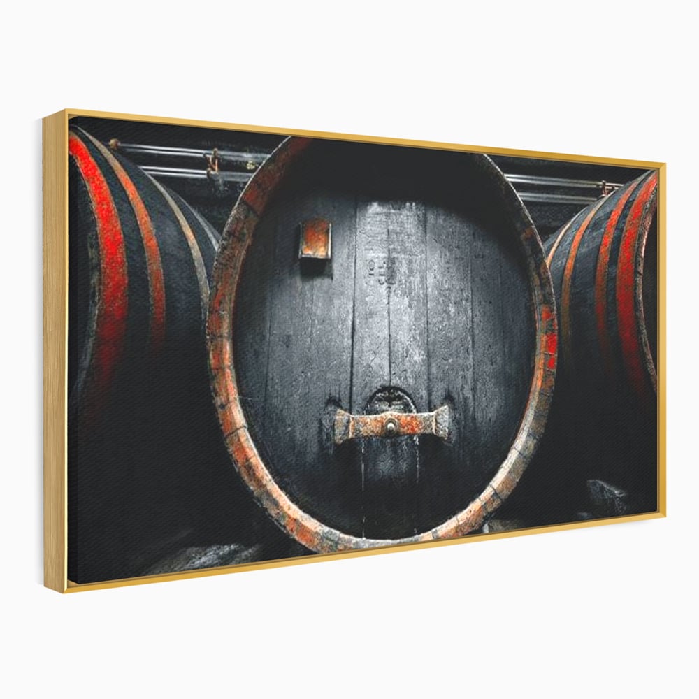 Tablou canvas cu butoaie de lemn din crama, in rama de aluminiu auriu